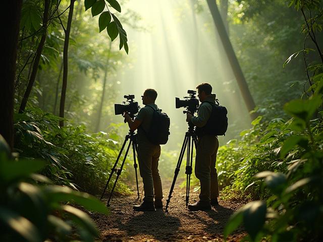 घने जंगल में वन्यजीव वृत्तचित्र फिल्माते हुए एक टीम